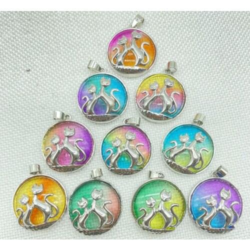 Wholesale Natural Stone Quartz Rainbow Crystal Silver Alloy Cat Round Pendant For DIY Jewelry Making Necklace Accessories 10Pcs
