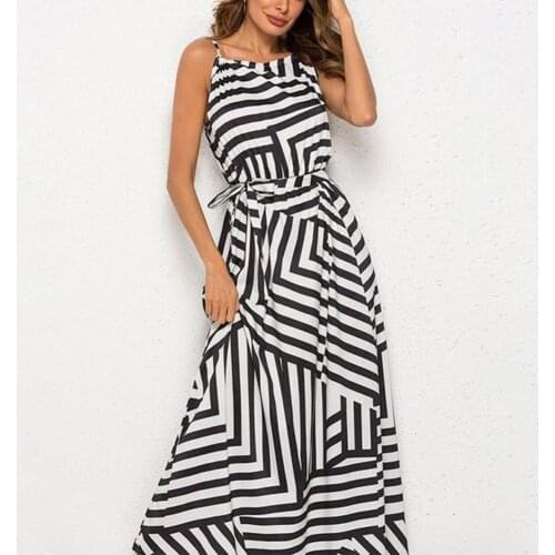 Women Sling Dress Stripe Dress Sexy High Waist Sleeveless Wide Hem Dress Women Sleeveless Stripe High Waist Dress Summer