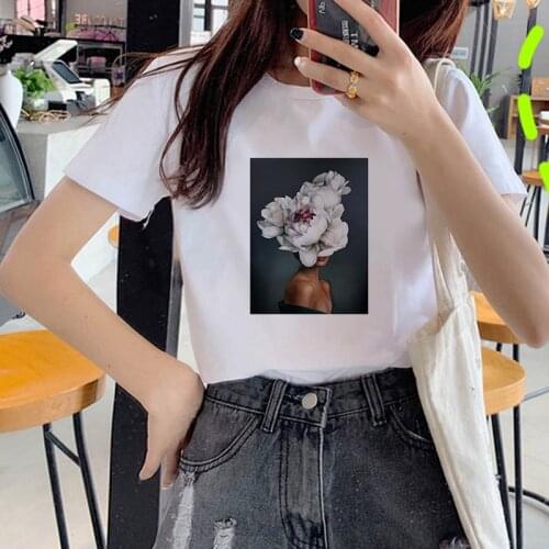 Harajuku sexy beautiful flowers printed T shirt Womens casual T-shirt fashion Korean trend white top female Tshirt