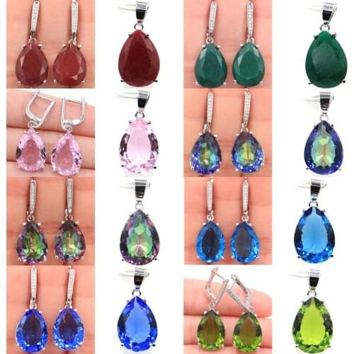 35x13&27x13mm SheCrown Hot Sell 18x13mm Ruby Emerald Created Tanzanite Kunzite Peridot Mystic Topaz Silver Pendant & Earrings