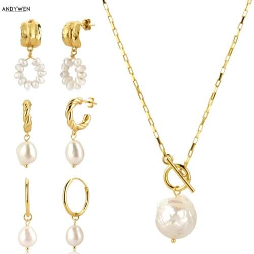 ANDYWEN 925 Sterling Silver Gold Irregular Pearl Drop Earring Percing Horoscope Chain Big Pearl Pendant Necklace Jewelry Set
