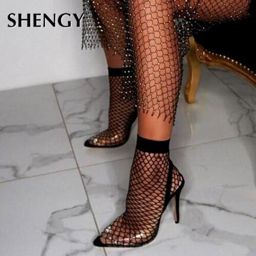 SHENGY 2020 New sexy stretch fabric mesh sock boots transparent PVC pointed toe ankle woman boots shoes thin high heels pumps
