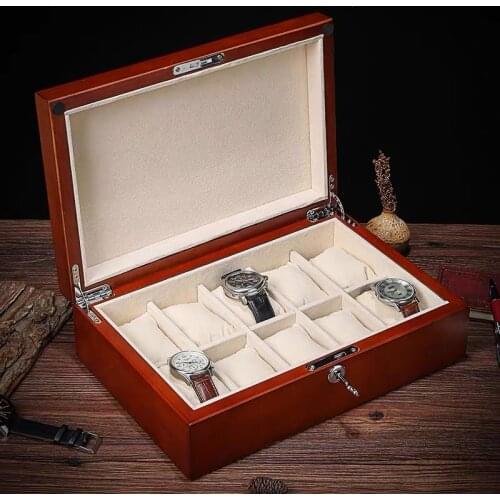 Top 10 Slots Wooden Watch Box Fashion Piano Red Watch Storage Case With Key Watch And Jewelry Gift Cases Mens Luxury Box