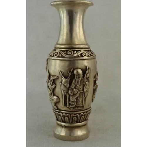 Elaborate Chinese Decorated Old Handwork Tibetan Silver Deer & Immortal Vase