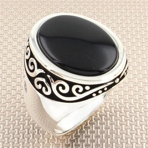 Patterned Pure Sterling Silver Ring 925 With Stone For Men Black Onyx Gemstone Plain Handmade Turkish Jewelry