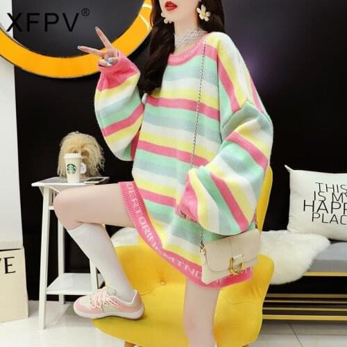 XFPV 2021 New Autumn And Winter Western Style Loose Mid-length Color Striped Pullover Womens Knit Sweater Top SM338