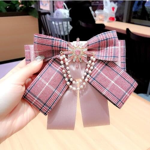 Korean Fashion Plaid Multi-layer Bowknot Ladies Fabric Bow Tie High-end Pearl Rhinestone Pins and Brooches for Women Accessories