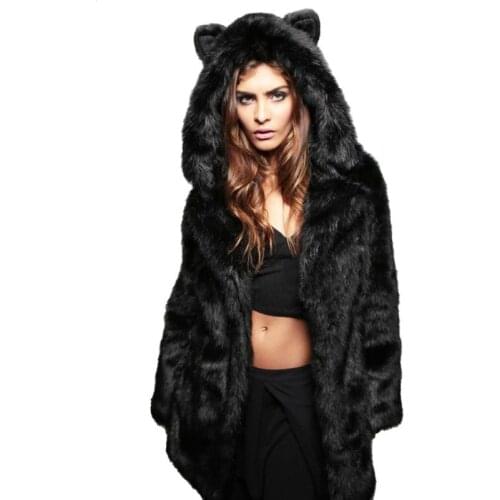 Women Winter Coat Lady Elegant Solid Lovely Rabbit Fur Warm Slim Long Sleeve Faux Fur Jacket With Hooded Fur Coat