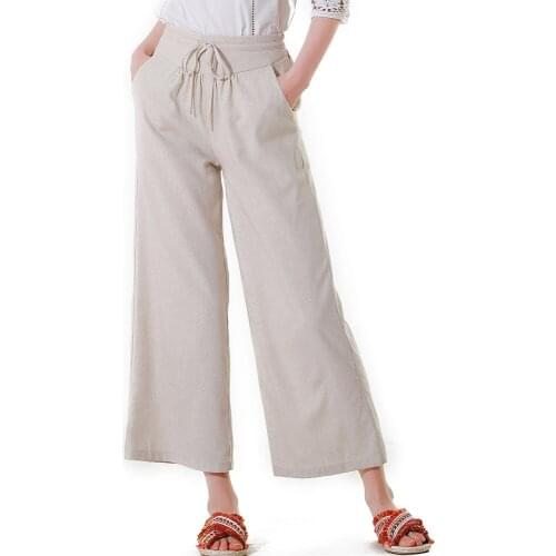 2019 Women Fashion Drawstring Elastic High Waist Wide Leg Long Pants Cotton Linen Pockets Trousers