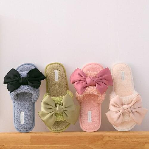 Women Winter Warm Fur Slippers Women Lovely bowknot Slippers Girls House Shoes Home Indoor Bedroom Zapatilla Mujer