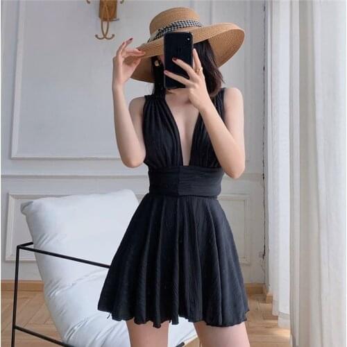 2021 Women One Piece Swimsuit Push Up Solid Sexy Deep V Neck Swimwear Swimdress Skirt Summer Beach Wear Korean Bathing Suit