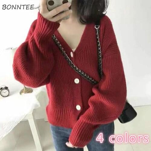 Sweaters Women BF Simple Vintage Stylish V-neck Ladies Outerwear Elegant Soft Knitwear Cardigans Knitted Lovely Solid Oversized