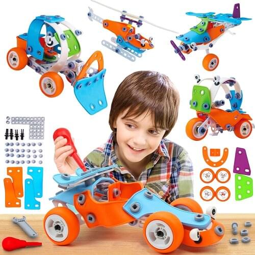 132/136 Pcs/set Children Assemble DIY 5 in 1 Soft Rubber Educational Concept Car Toys Funny Diecast Toy Car for Kids Boys Games