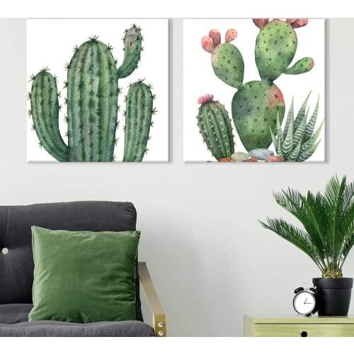2 Panel Square Canvas Wall Art - Watercolor Style Cactus on White Background Print on Canvas Ready to Hang Drop shipping