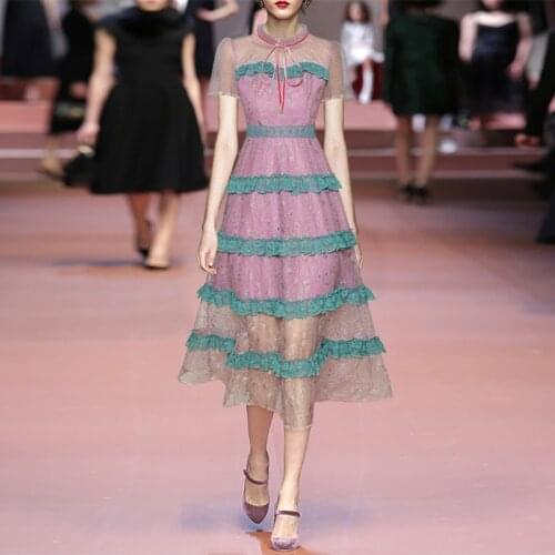 2021 Fashion Runway Vintage Dress Women Mesh Lace Patchwork Ruffles Elegant Short Sleeve Party Dresses