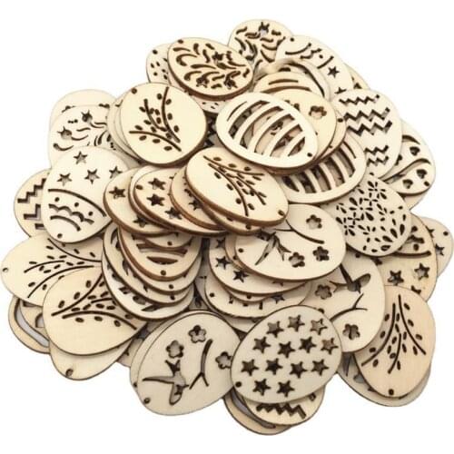 50Pcs Easter Egg Wood Slices Mixed DIY Wooden Ornaments Graffiti Crafts Egg Hanging Pendants For Home Decor Easter Party Decor