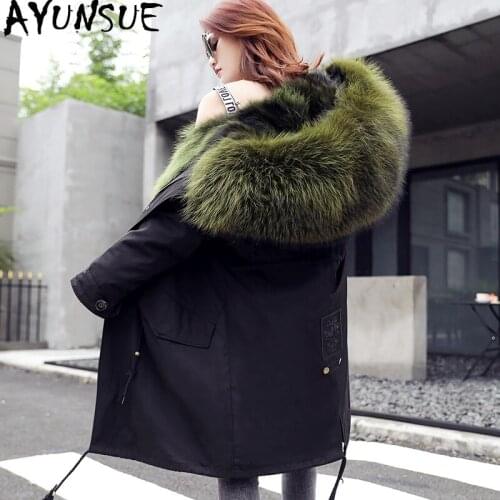 AYUNSUE Parka Real Fur Coat Female Natural Fox Fur Liner Long Coats Winter Jacket Women Large Raccoon Dog Fur Collar Warm Parkas