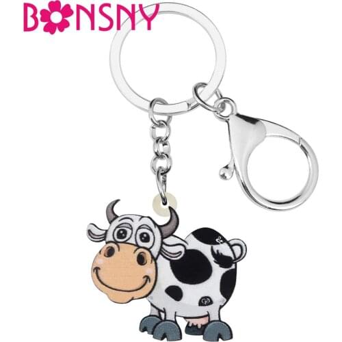 Bonsny Acrylic Dairy Cattle Cow Key Chains Farm Animal Key Rings For Women Girls Teens Handbag Car Purse Charms Decorations Gift