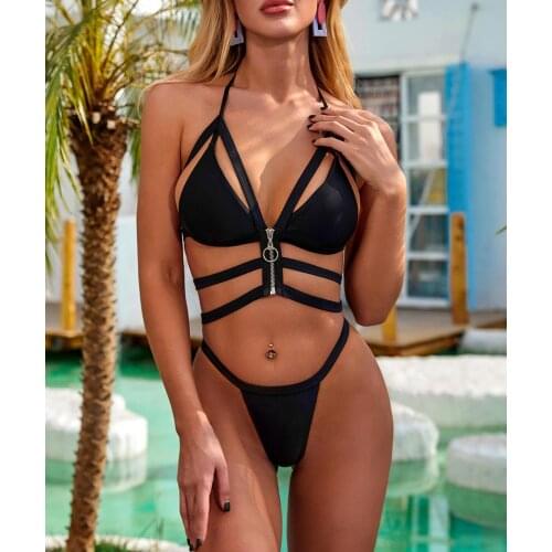 Black Zip Up Swimsuit Sexy Two Pieces High Cut Brazilian Thong Bandage Halter Bikinis Set Micro Bikini Solid Bather Beach Wear