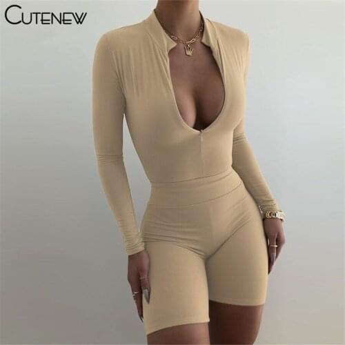 Cutenew Solid Casual Two Piece Sets Women Outfits Hipster Skinny Zipper Long Sleeve Tee + Slim Stretchy Shorts Lady Sports Suits