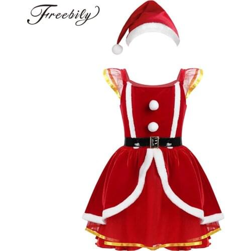 Kids Christmas Red Soft Velvet Santa Claus Elf Costume Girls Xmas Cosplay Princess Mesh Tutu Party Dress with Hat Set