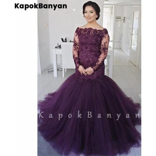 Purple Tulle Mermaid Prom Dress Boat Neck Long Sleeves Lace Long Formal Party Gown Plus Size