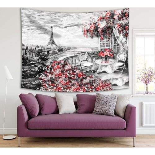 Tapestry Oil Painting Balcony with Flower Summer Cafe in Paris Eiffel Tower View Black Red White