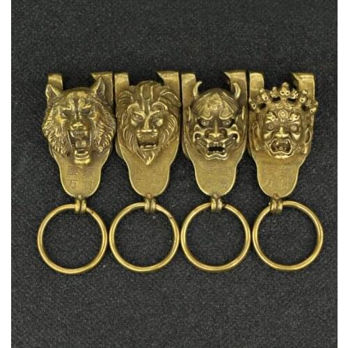 Collection Chinese Brass Carved Animal Auspicious Word Lion Tiger Head Key Buckle Pendant Exquisite Small Pendant Statue Gift