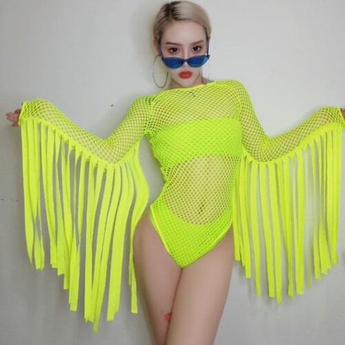 Jazz Dance Costume Neon Green Tassel Jumpsuit Nightclub Gogo Dancer Stage Hip Hop Clothes Dj Suit Female Rave Bodysuit DQL2452