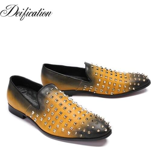 Deification Runway Moccasins Rivets Studded Mens Loafers Slip-On Casual Dress Male Flats Genuine Leather Italian Style Men Shoes