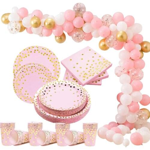 Gold Dot Pink Disposable Tableware Plates Cups Girl Birthday Party Decoration Kids Girls Wedding Baby Shower Party