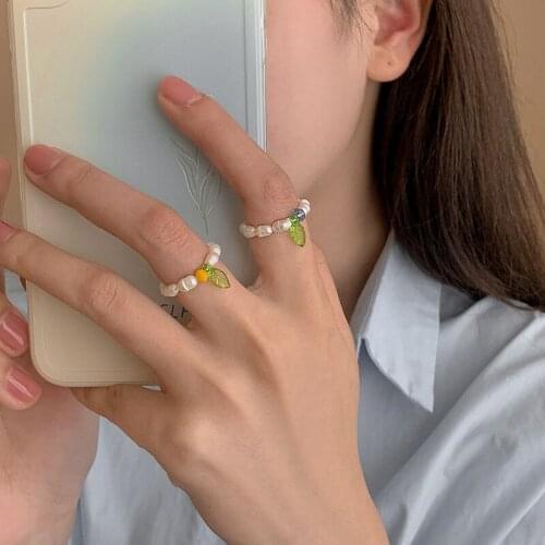 Origin Summer Sweet Cute Irregular Freshwater Pearl Beaded Ring for Women Textured Green Leaf Index Finger Ring Jewellery