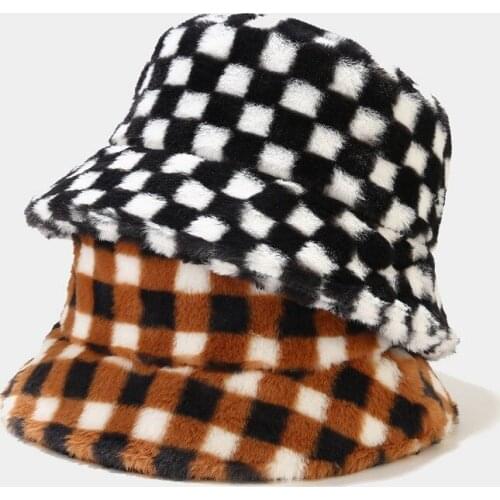 New Ins Black and White Plaid Mens Panama Cap Tide Autumn and Winter Outdoor Keep Warm Fisherman Hat Womens Bucket Hat