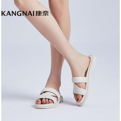 KANGNAI Slippers Women Shoes Sheep Leather Cross Flats Summer Outside Slides Comfortable Female Flip Flops
