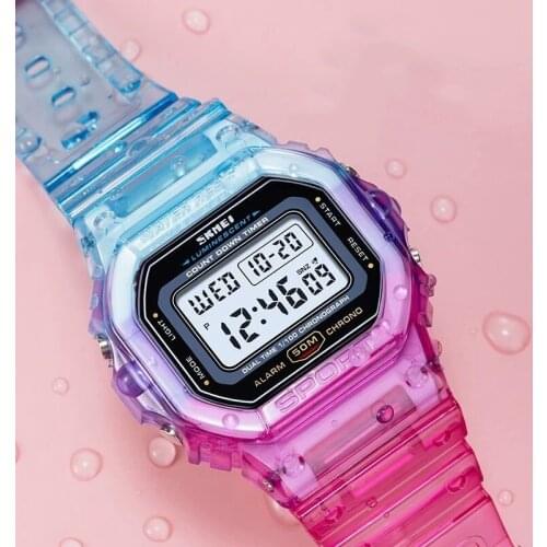 SKMEI Womens Watches Fashion Girls Digital Waterproof LED Sports Wristwatches Electroplated Case Transparent Strap reloj mujer