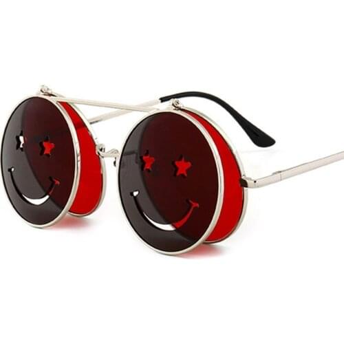 Spring Hinge Glasses Cute Smiling Face Women Folding Punk Sunglasses Unique Men Double Lens Tinted Steampunk Glasses UV400