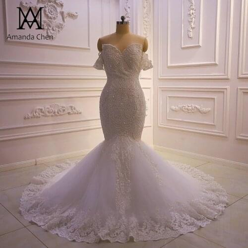 Vestito da festa di nozze Off Shoulder Short Sleeve Lace Applique Mermaid Wedding dress