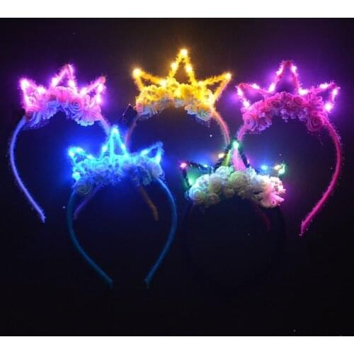 LED Flashing Crown Cat Ear Flower Headdress Tiara Garland Easter Wedding Birthday Party Decoration Gift Christmas Halloween