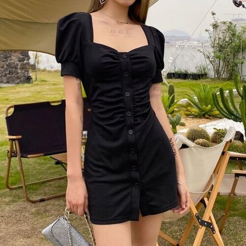 Vintage Black Dress Women Y2K Mini Dresses Female Puff Sleeve Dress Square Collar Sundress Single Breasted 90s Sexy Party Dress