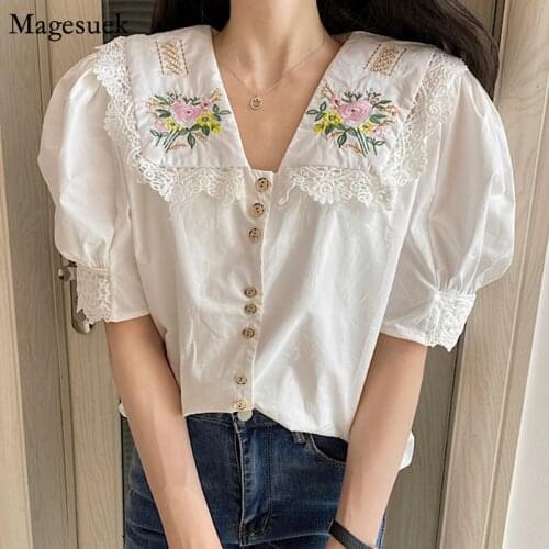 Chic Flowers Embroidery Blouse Women Summer Loose Lace White Button Up Woman Shirt Korean Sweet New Puff Short Sleeve Tops 14382