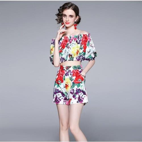 Runway Summer Suits Womens Sexy Slash Neck Cropped Tops + Wide Leg Pant Shorts Floral Print Two Pieces Shorts Set 2pcs Outfits