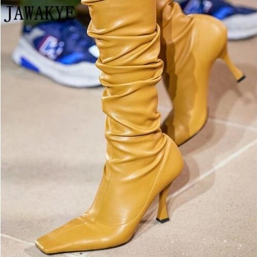 New Square toe Over the knee Boots Women Leather Long Boots Western T Show party Boots 2021 Winter Fashion Week Boots Mujer