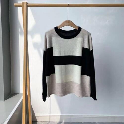 2021 Autumn Winter Runway Knit Sweater Women O-Neck Long Sleeve Color Patchwork High Street Knitted Wool Pullovers Sweater