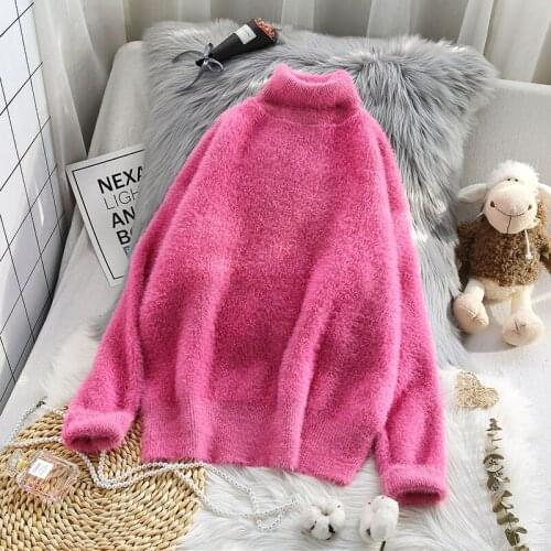 Mohair Knitted Turtleneck Women Sweater And Pullovers Solid Pink Casual All Match Office Lady Elegant Pulls Outwear Tops