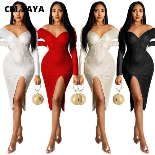 CM.YAYA Women Off Shoulder Long Sleeve V-neck High Split Bodycon Midi Dress Office Lady Sexy Club Party Pencil Dresses Vestidos