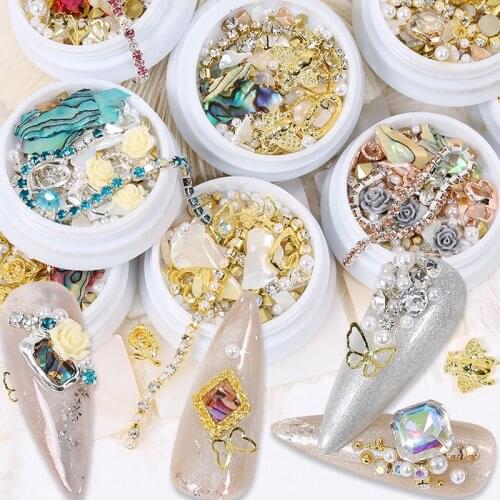 1 JAR Mix 3D Rhinestones Nail Art Decorations Crystal Gems Ornaments Bee Stud Butterfly Heart Chains Pearls Manicure Accessories