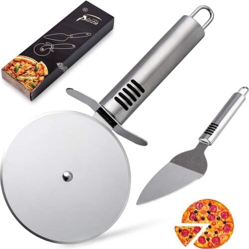 2 Pcs Pizza Cutter Premium Stainless Steel Pizza Cutter Knife Shovel Round Shape Wheels Cutters Kitchen Pizza Kit Gadgets