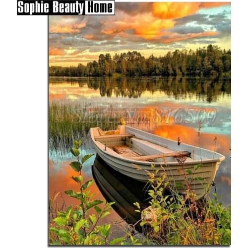 DIY 5D Diamond Painting Cross Stitch Boat On Lake and Trees Needlework Sunset Glow Full Diamond Mosaic Diamond Embroidery 189021