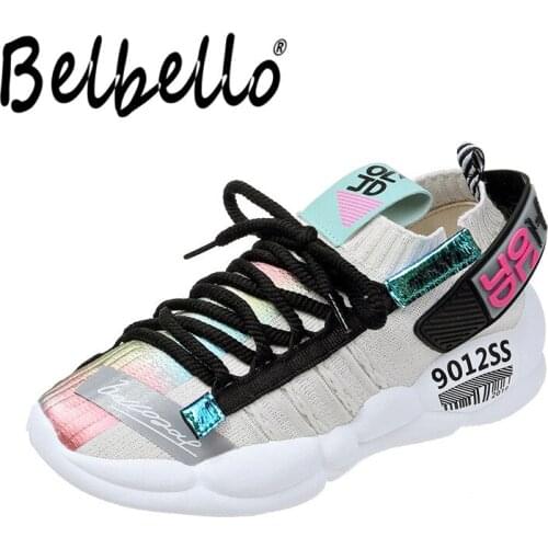 Belbello Women New Style Summer Daddy Shoes non-slip Flying knitting socks shoes Fashion Students Sneaker