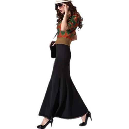 Free Shipping 2019 Autumn Long Maxi Fashion mermaid Style Skirt With Lace Fish Tail Formal Black And Red Pleated Slim Skirts L